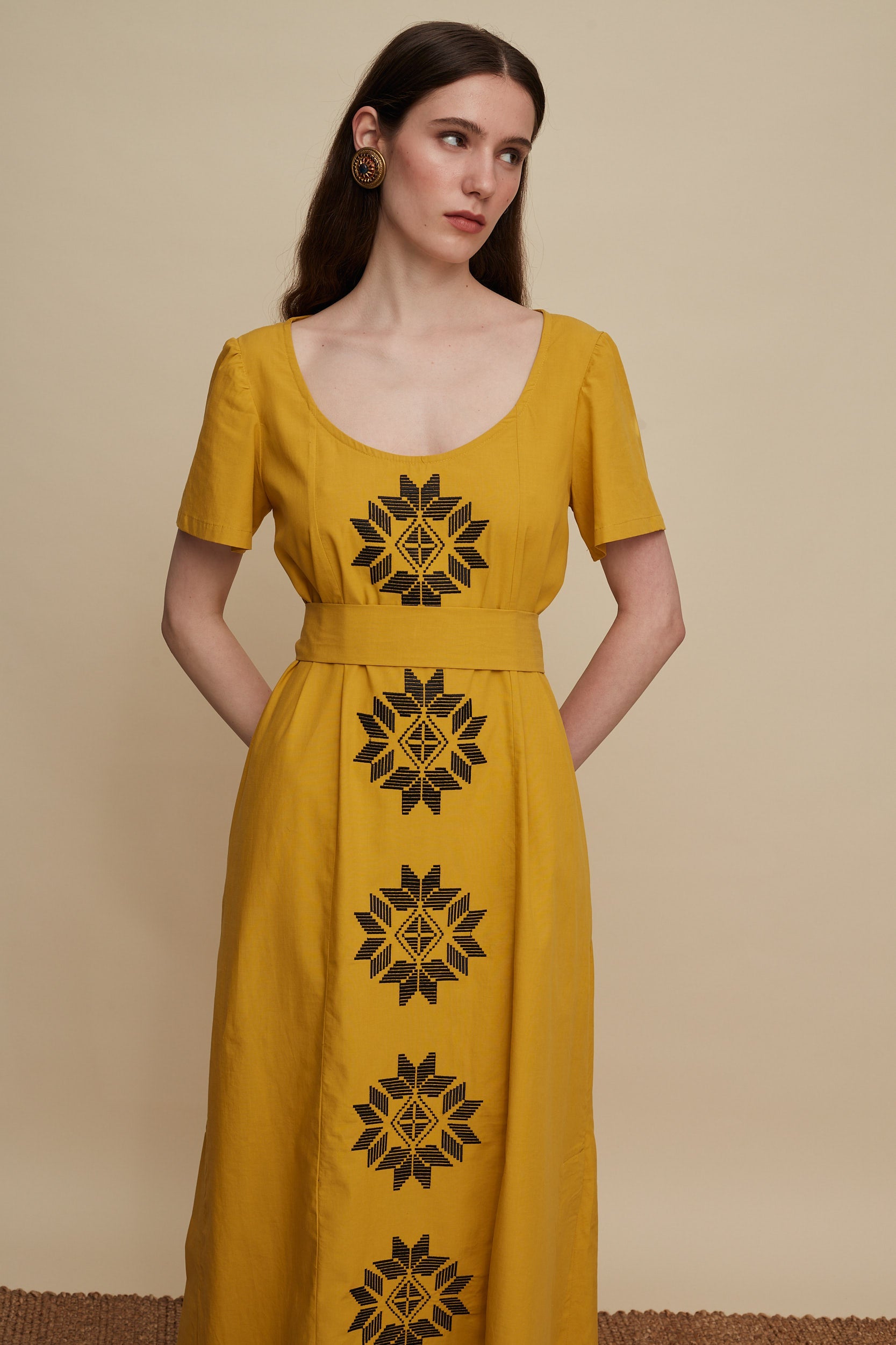 MALEVIZION MAXI DRESS (MUSTARD EMBROIDERED)