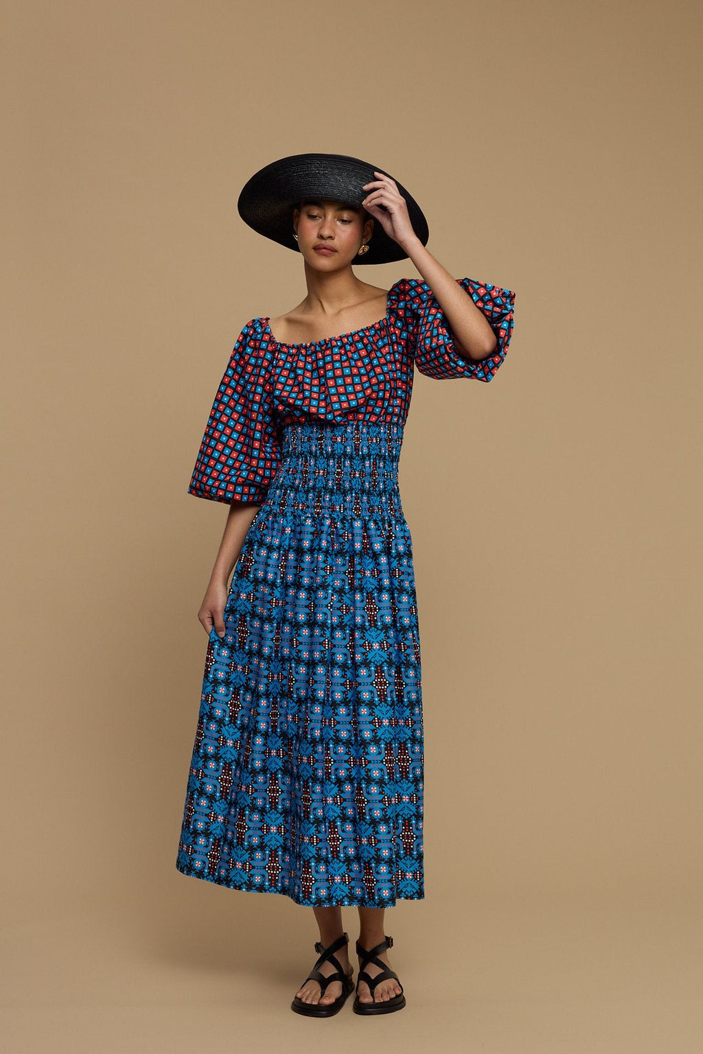 MAXI DRESS MYKONOS (AMORGOS BIRD BLACK & BLUE  PRINT)
