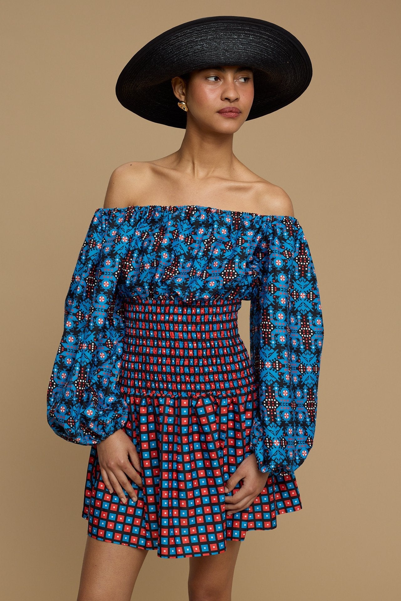 MINI DRESS KIMOLOS  (AMORGOS BIRD BLACK & BLUE PRINT)