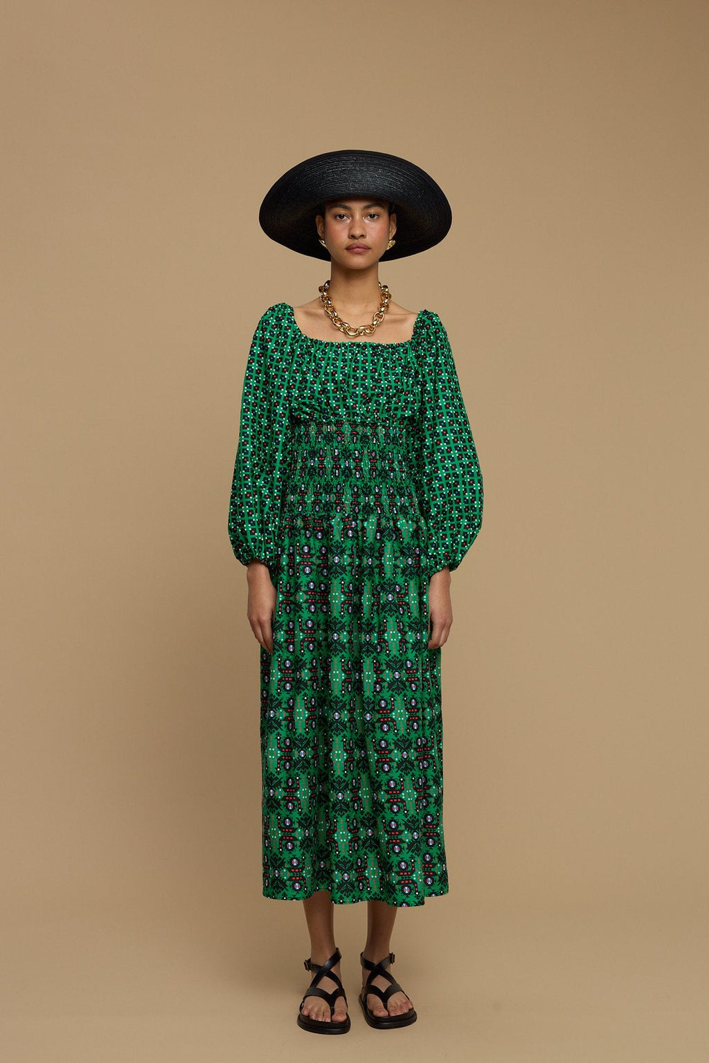 MAXI DRESS MYKONOS (AMORGOS BIRD BLACK & GREEN PRINT)