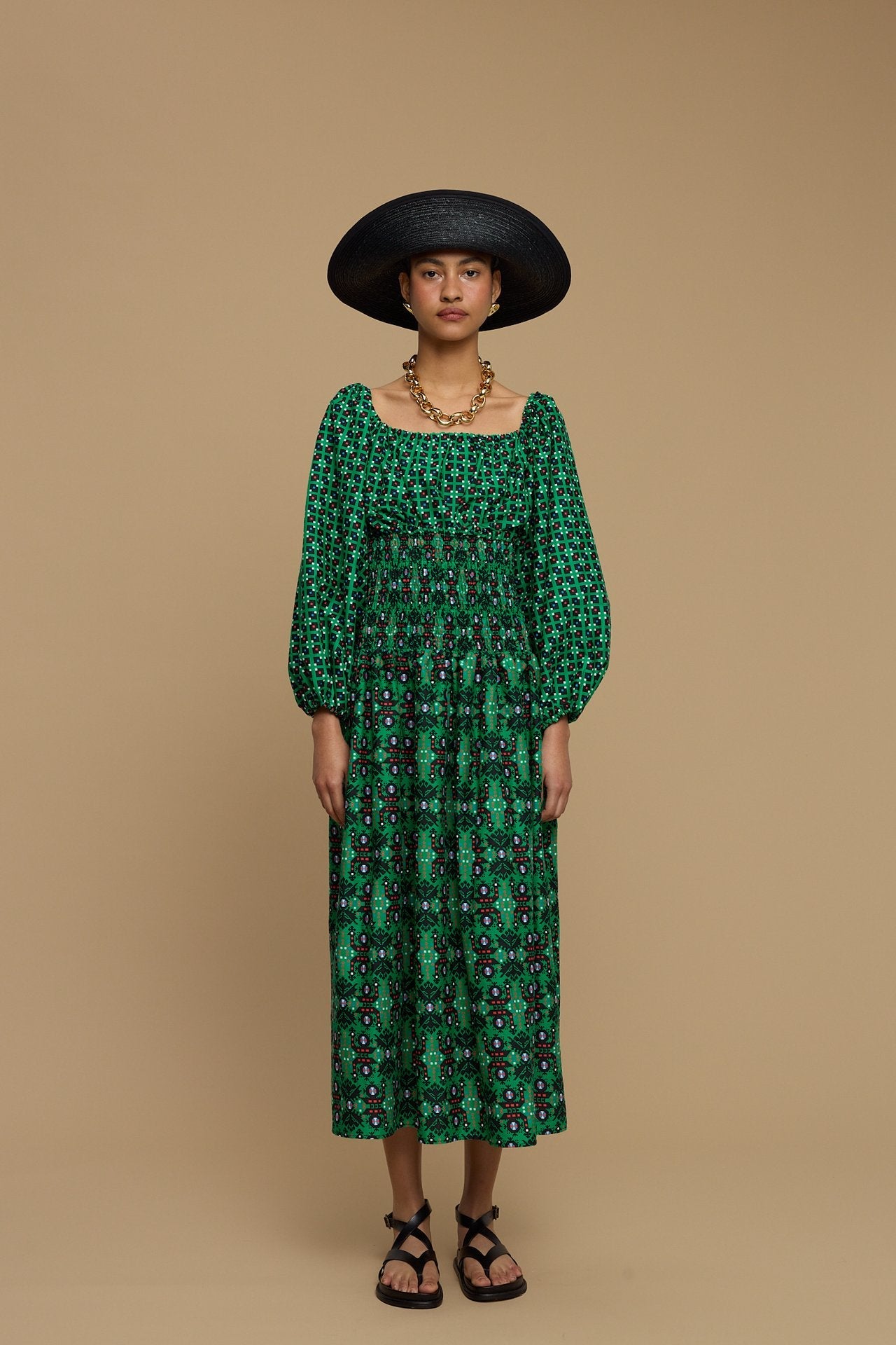 MAXI DRESS MYKONOS (AMORGOS BIRD BLACK & GREEN PRINT)