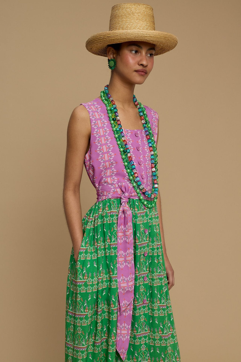 MAXI DRESS SYROS (KARAVAKI MIX GREEN & PURPLE PRINT)