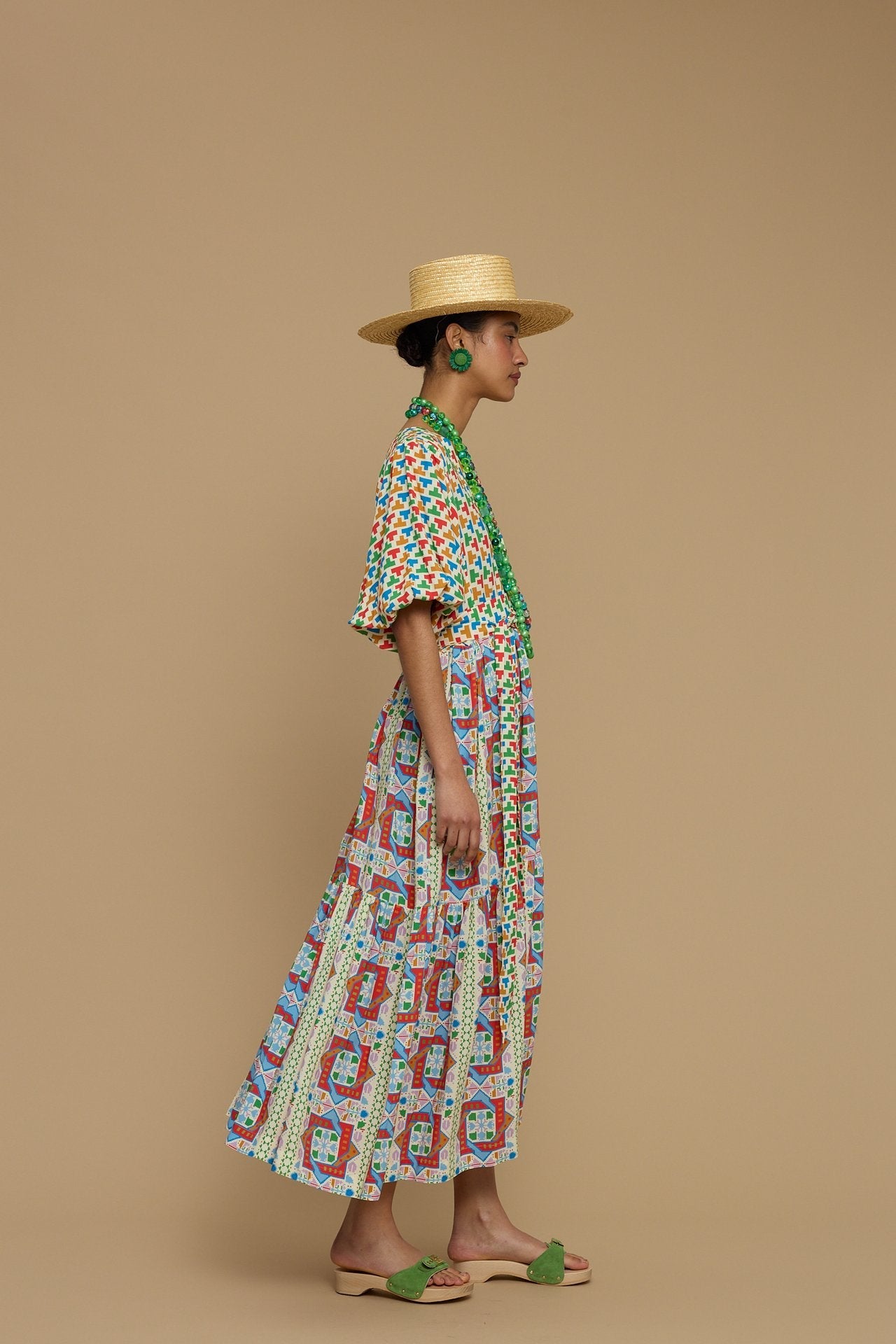 MAXI DRESS SANTORINI (AMORGOS RECTANGULAR BEIGE PRINT)