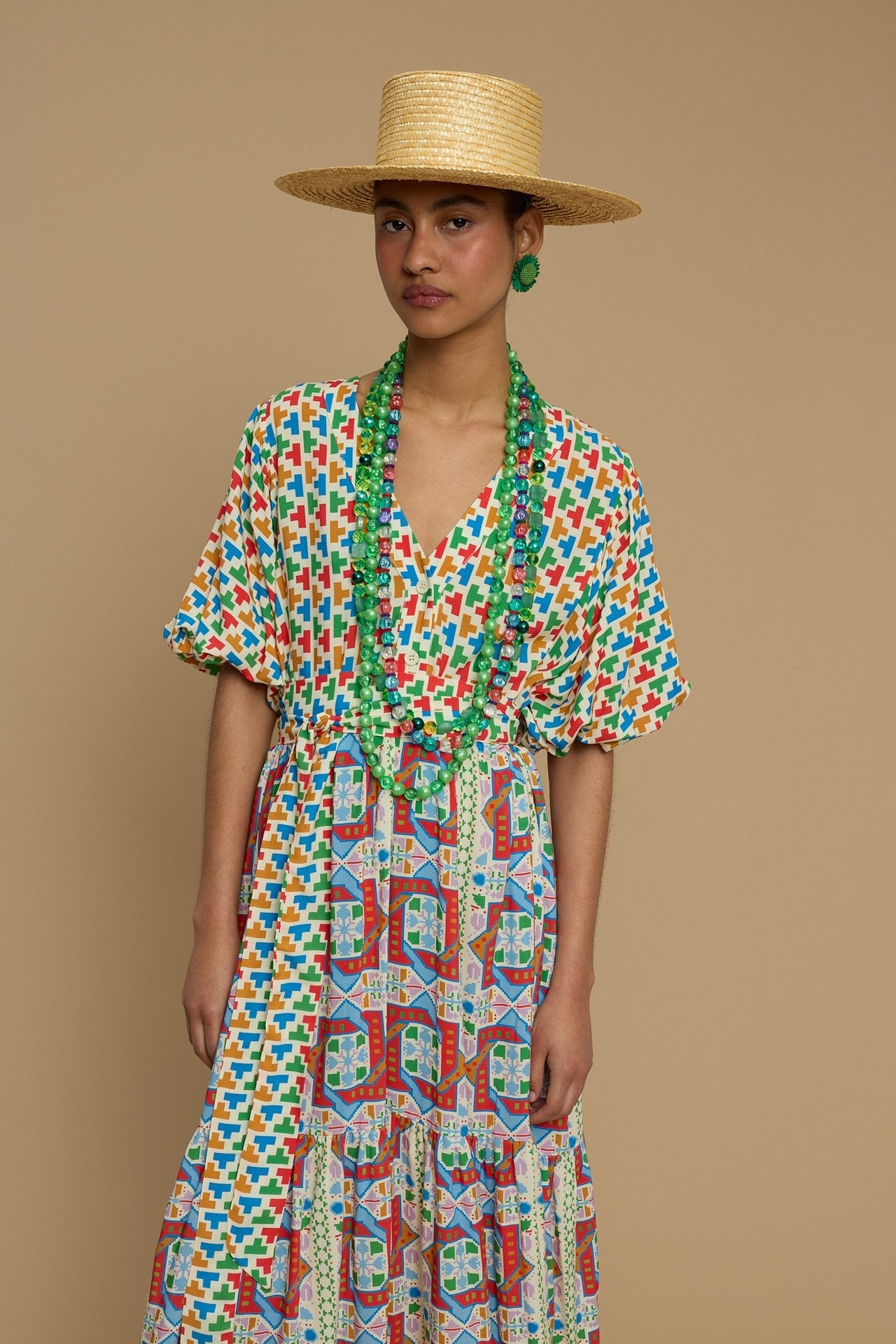 MAXI DRESS SANTORINI (AMORGOS RECTANGULAR BEIGE PRINT)