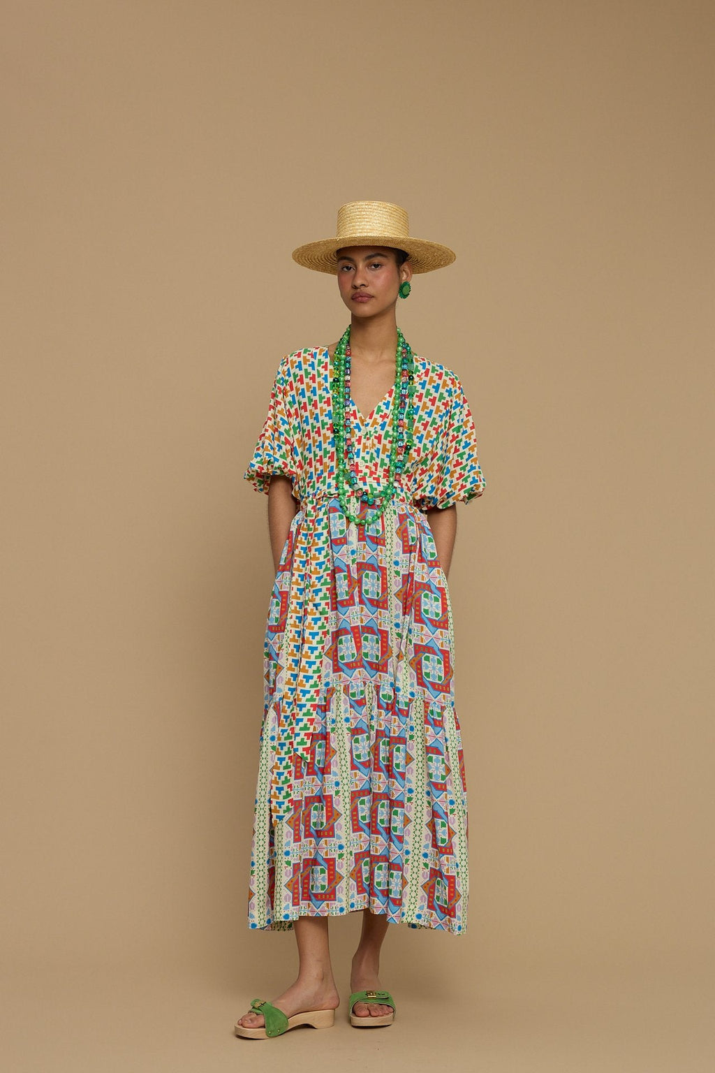 MAXI DRESS SANTORINI (AMORGOS RECTANGULAR BEIGE PRINT)
