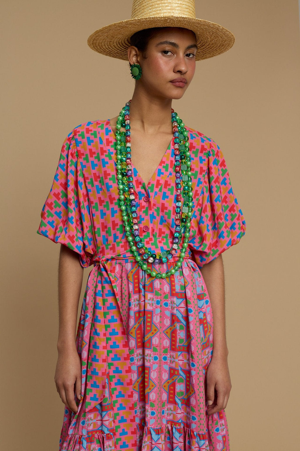 MAXI DRESS SANTORINI (AMORGOS RECTANGULAR PINK PRINT)