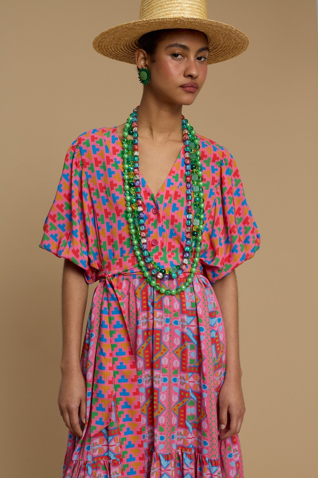 MAXI DRESS SANTORINI (AMORGOS RECTANGULAR PINK PRINT)