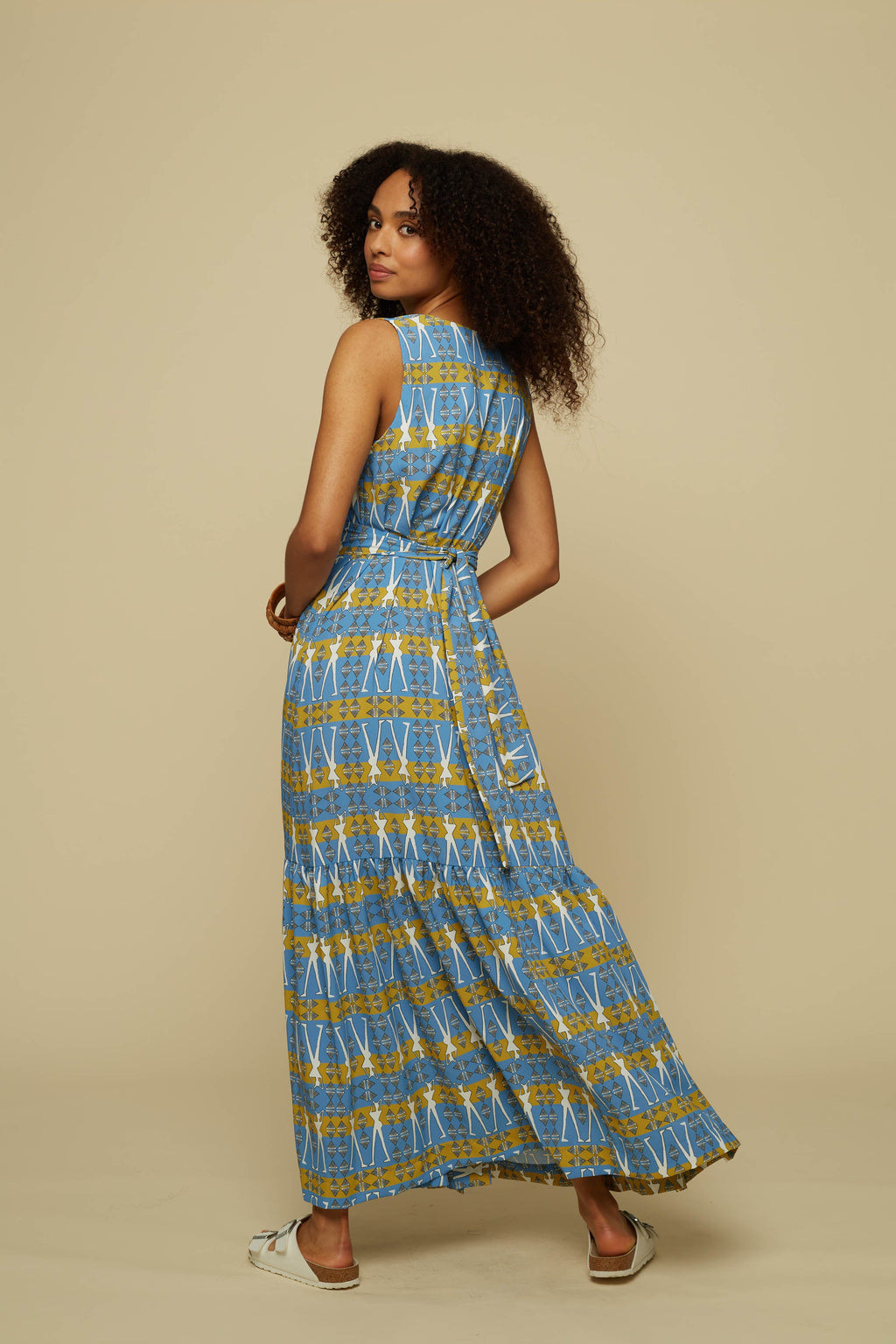 HENIOCHUS MAXI DRESS (BLUE GEO HUMAN FIGURE PRINT)