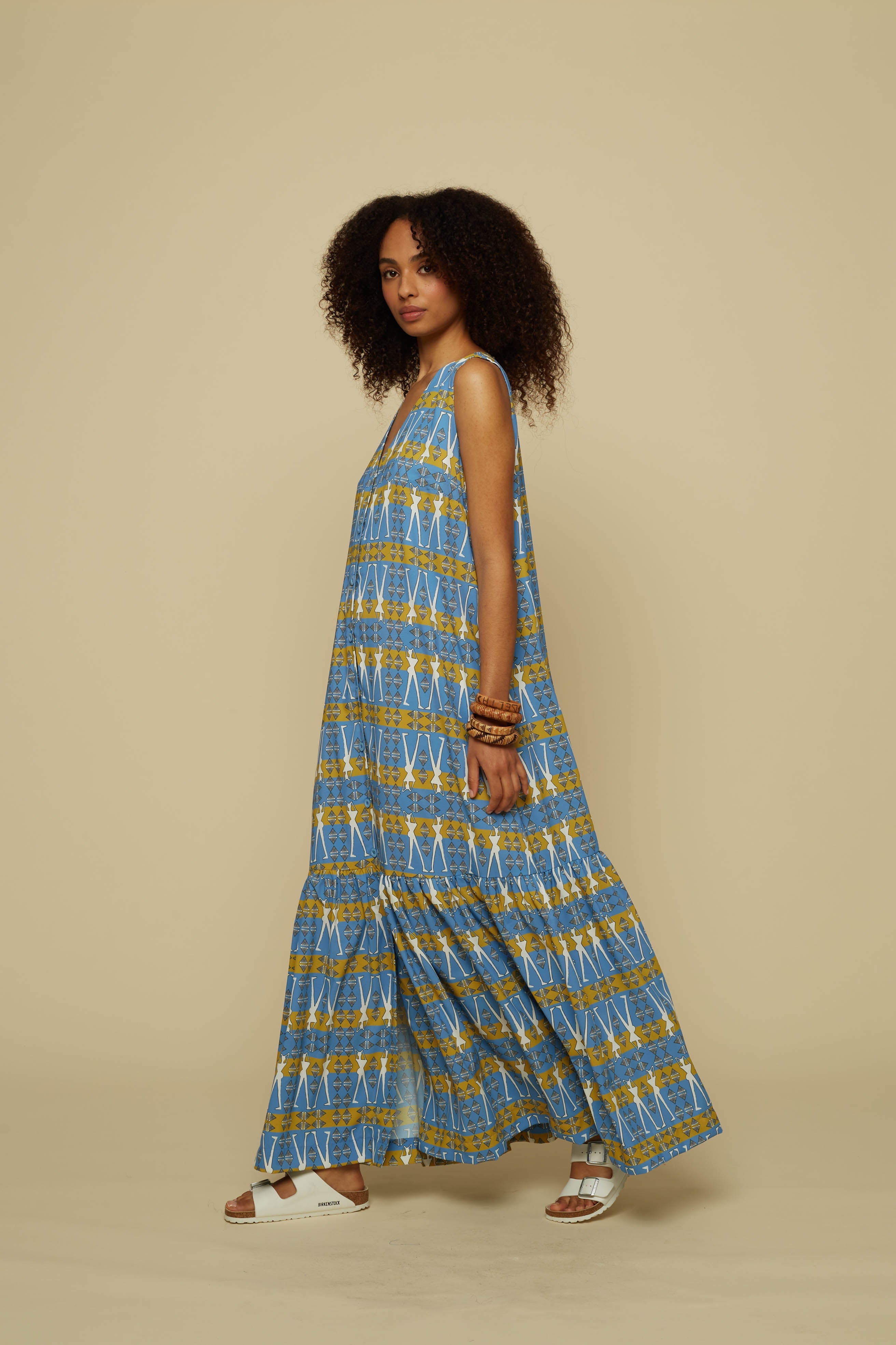 HENIOCHUS MAXI DRESS (BLUE GEO HUMAN FIGURE PRINT)