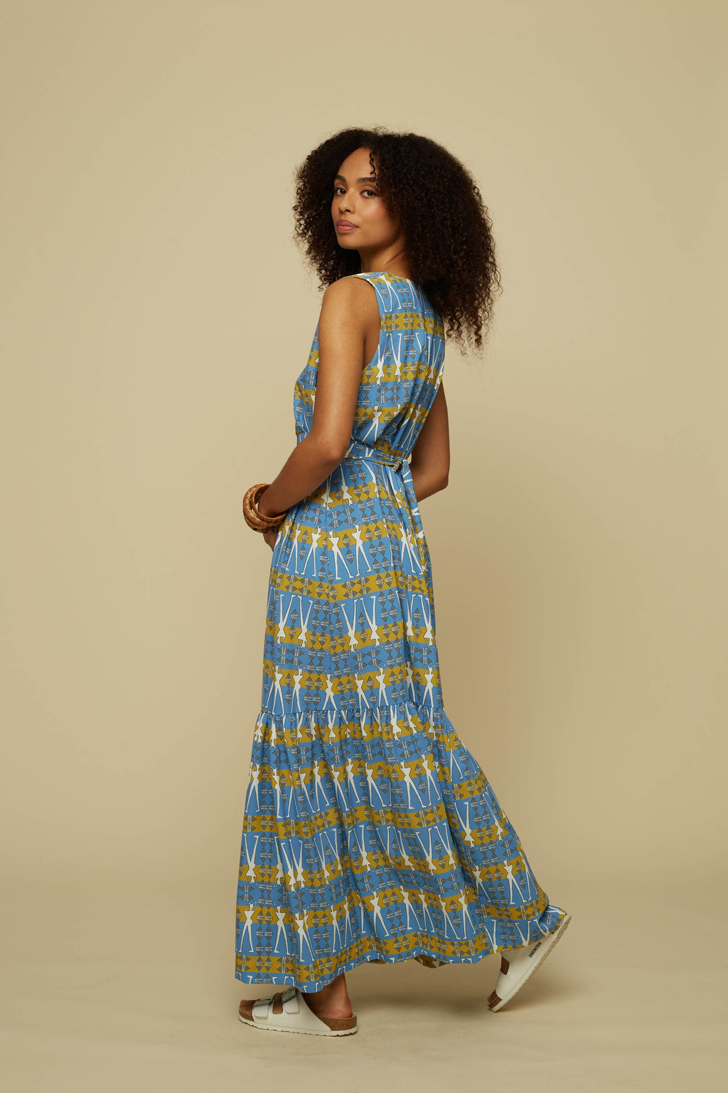 HENIOCHUS MAXI DRESS (BLUE GEO HUMAN FIGURE PRINT)
