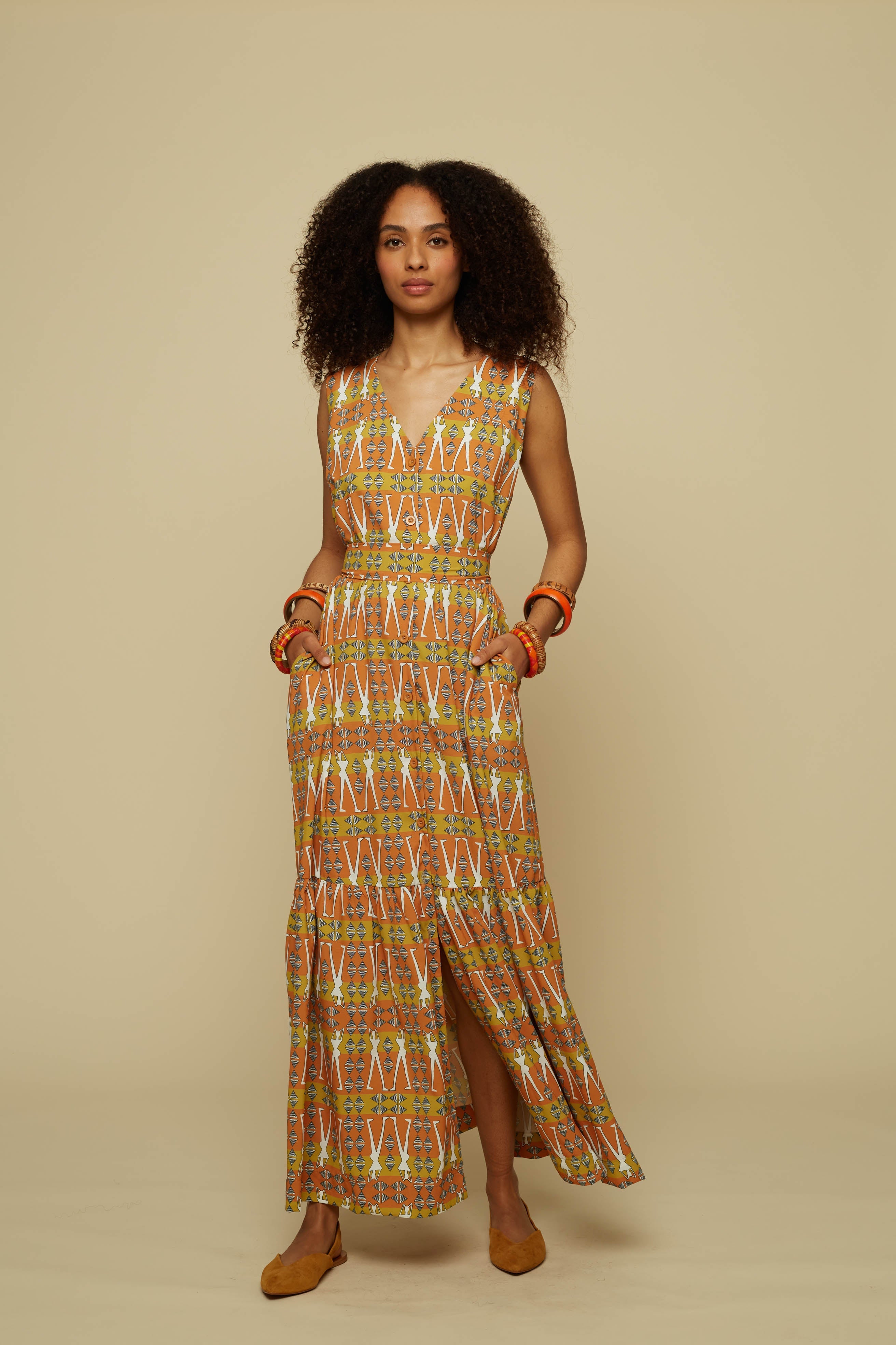 HENIOCHUS MAXI DRESS (BROWN GEO HUMAN FIGURE PRINT)