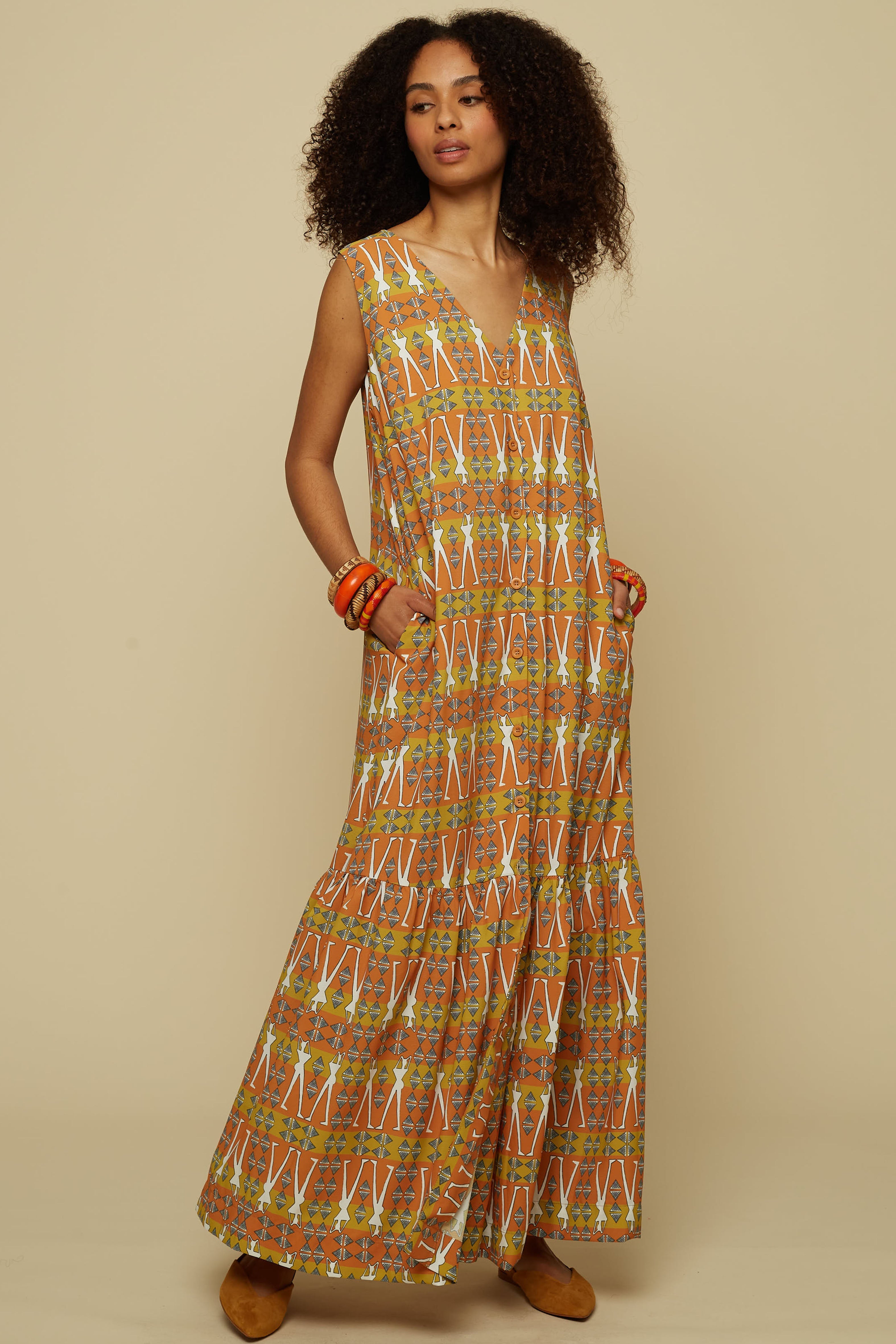 HENIOCHUS MAXI DRESS (BROWN GEO HUMAN FIGURE PRINT)