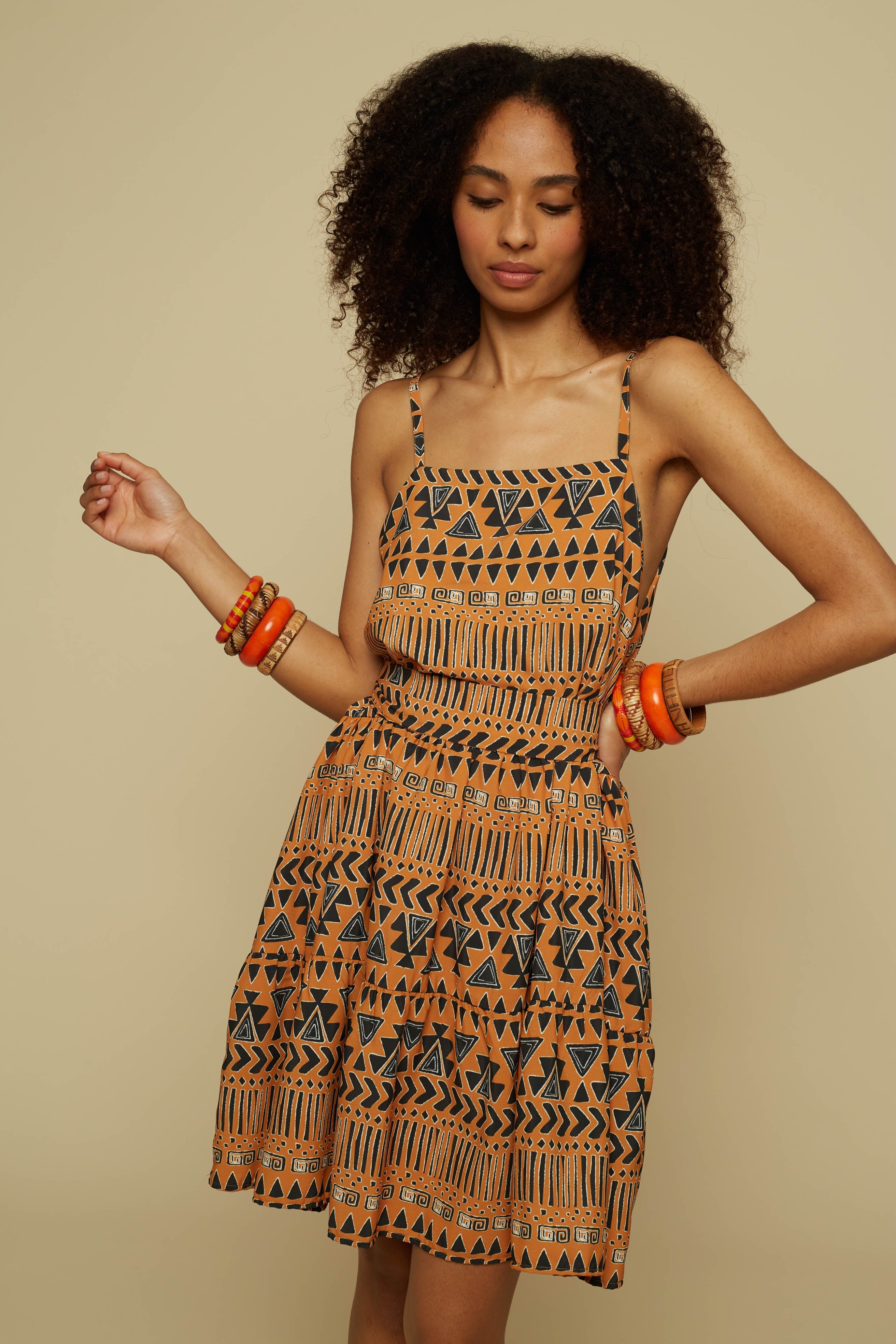 HOMER MINI DRESS (BROWN ABSTRACT GEOMETRY PRINT)