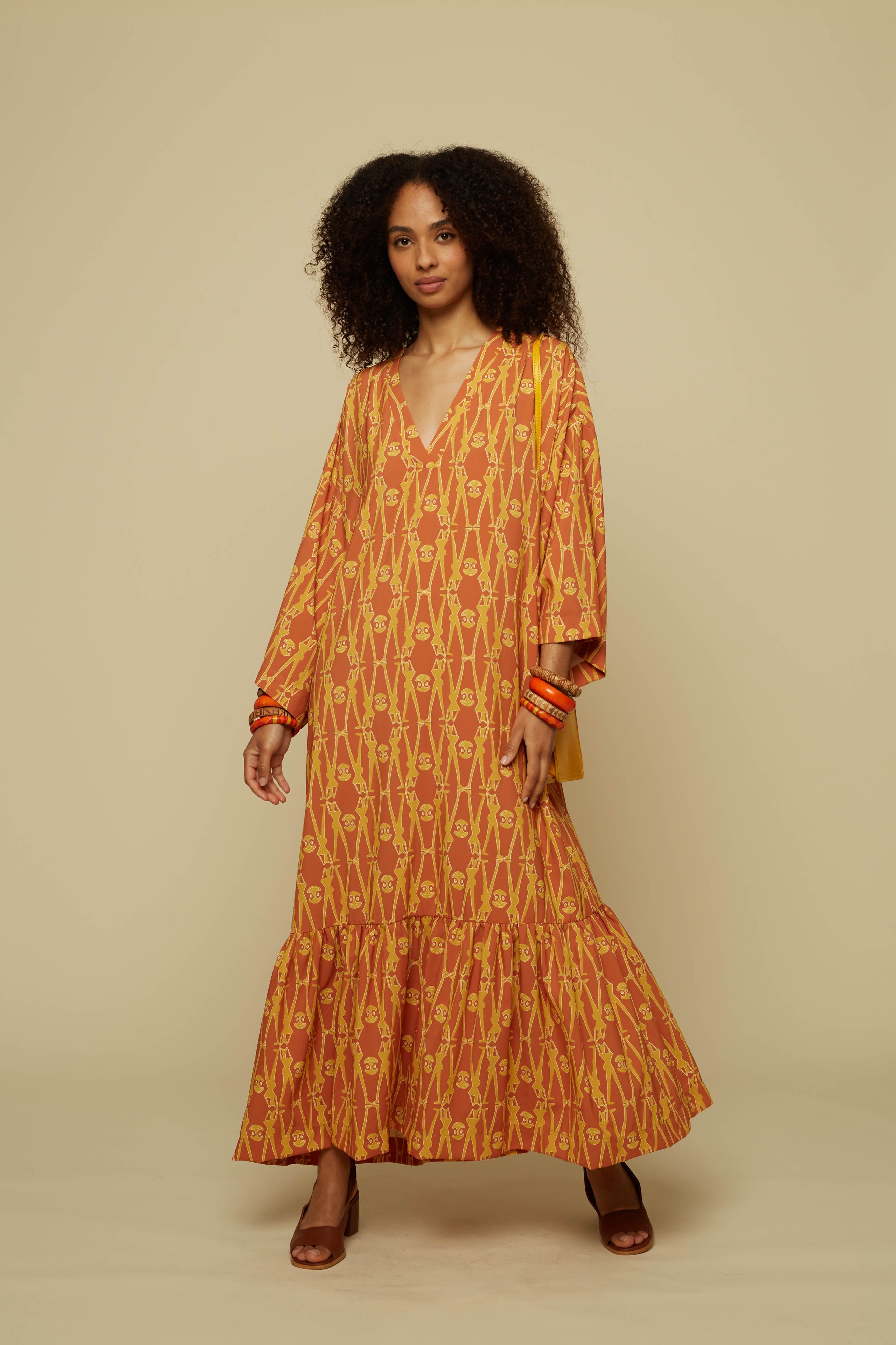 ALOGON MAXI DRESS (BROWN GEO PEOPLE PRINT)