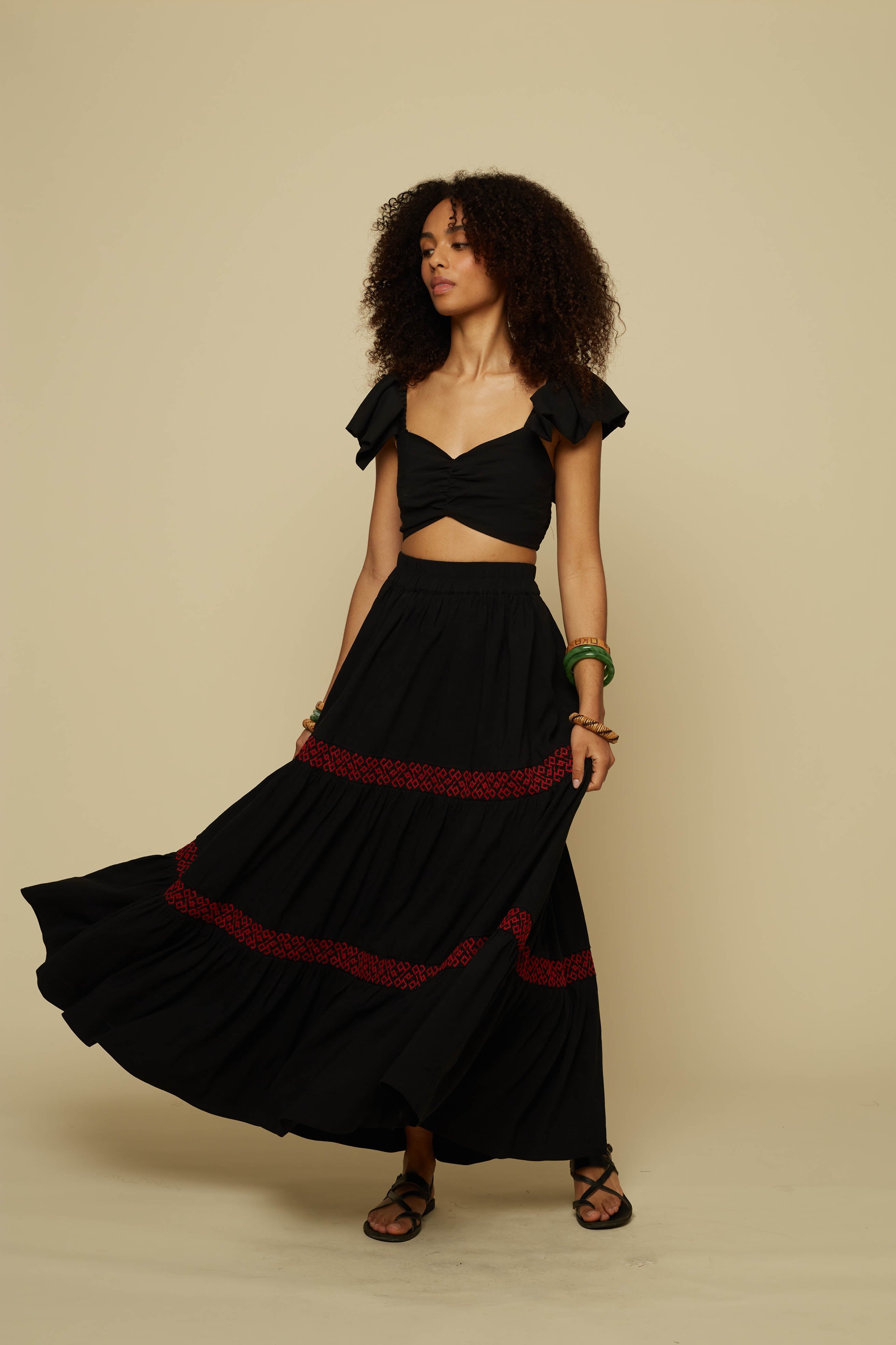 ANATHEMA MAXI SKIRT (BLACK/RED EMBROIDERED)