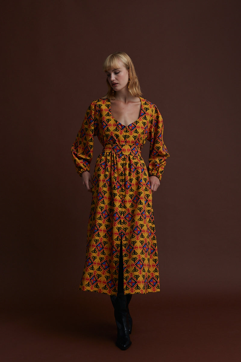 KASTORIA MAXI DRESS (LECHOVO MUSTARD PRINT)