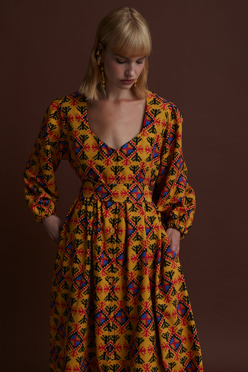 KASTORIA MAXI DRESS (LECHOVO MUSTARD PRINT)