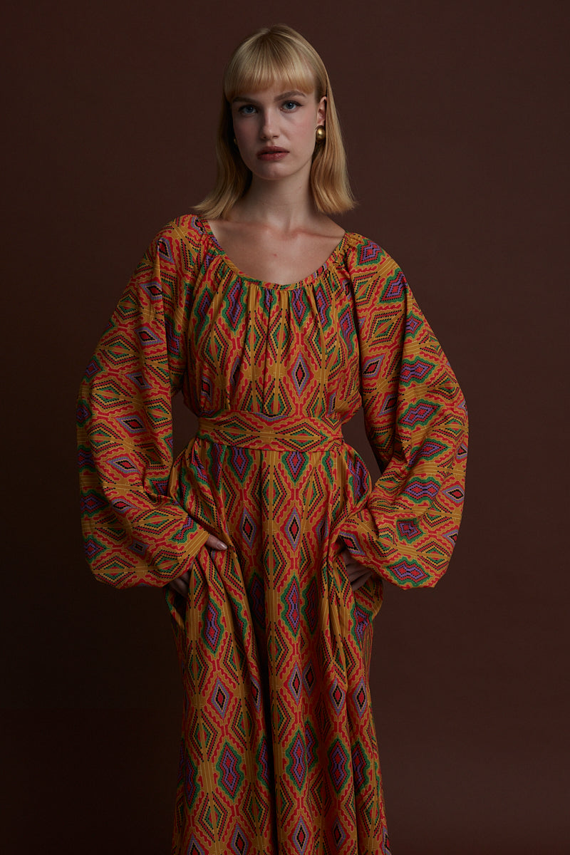 FLORINA MAXI DRESS (FOUTA MUSTARD PRINT)