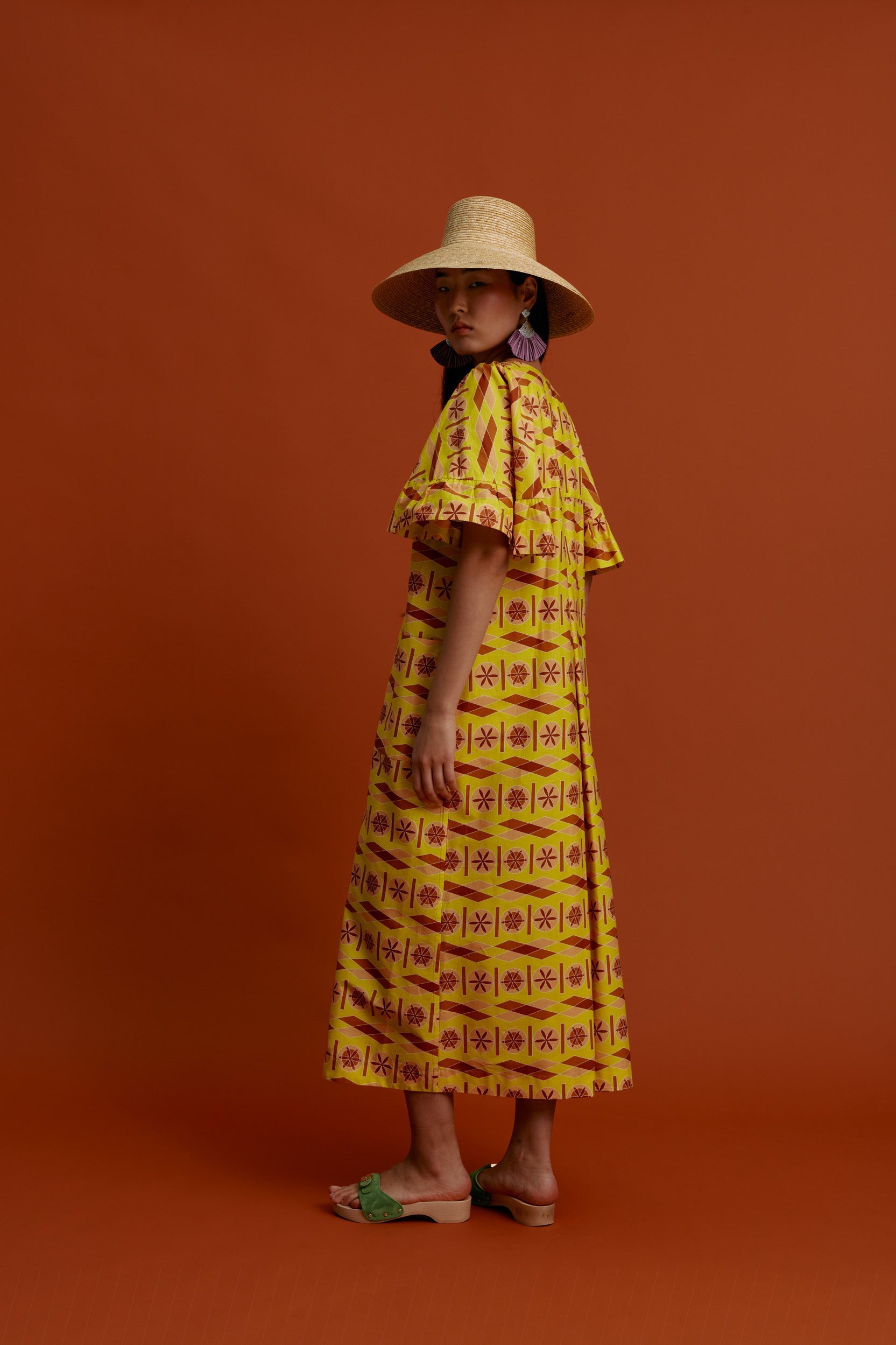 MAVRA VOLIA Maxi Dress (Pyrgousika lime&brown)