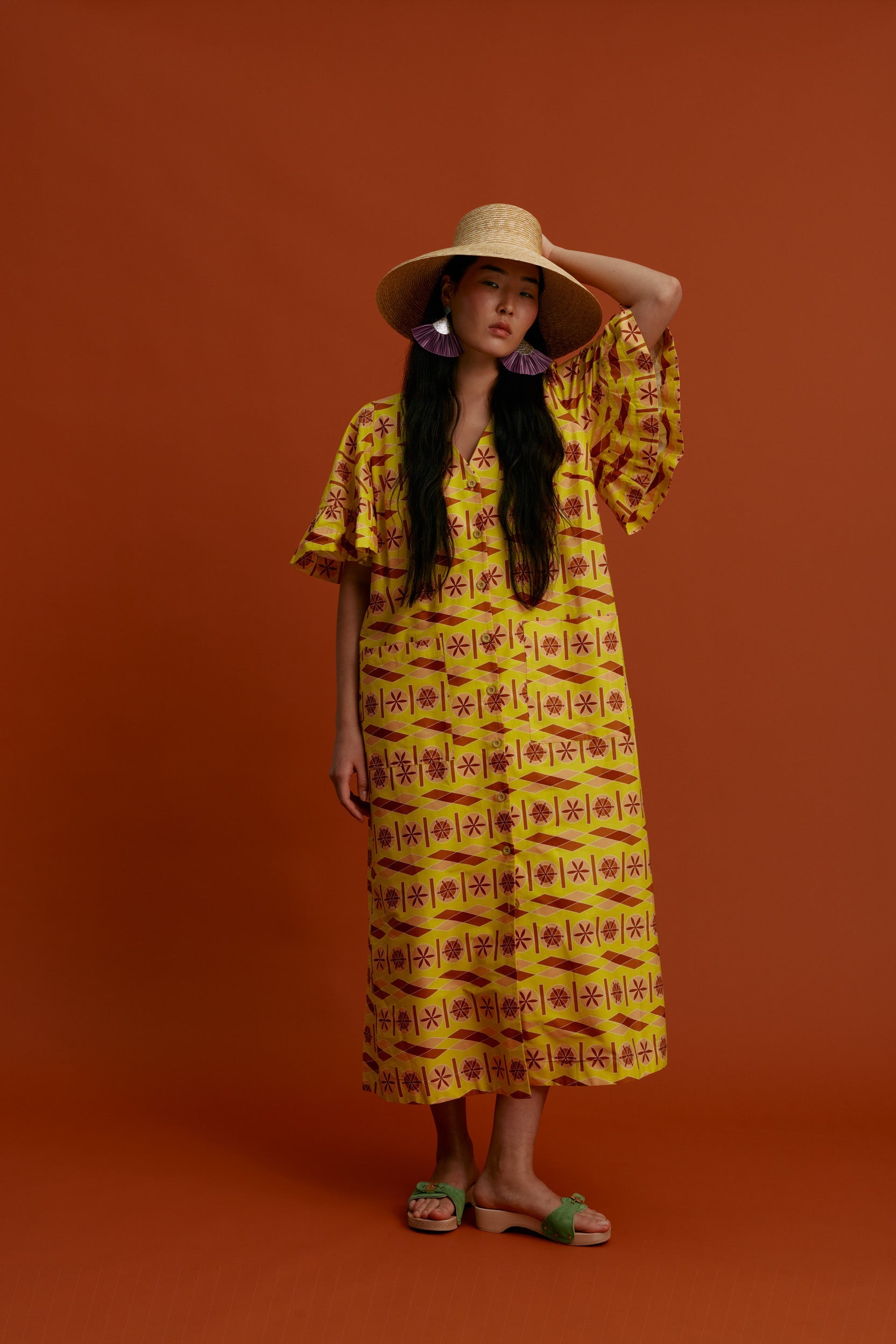 MAVRA VOLIA Maxi Dress (Pyrgousika lime&brown)