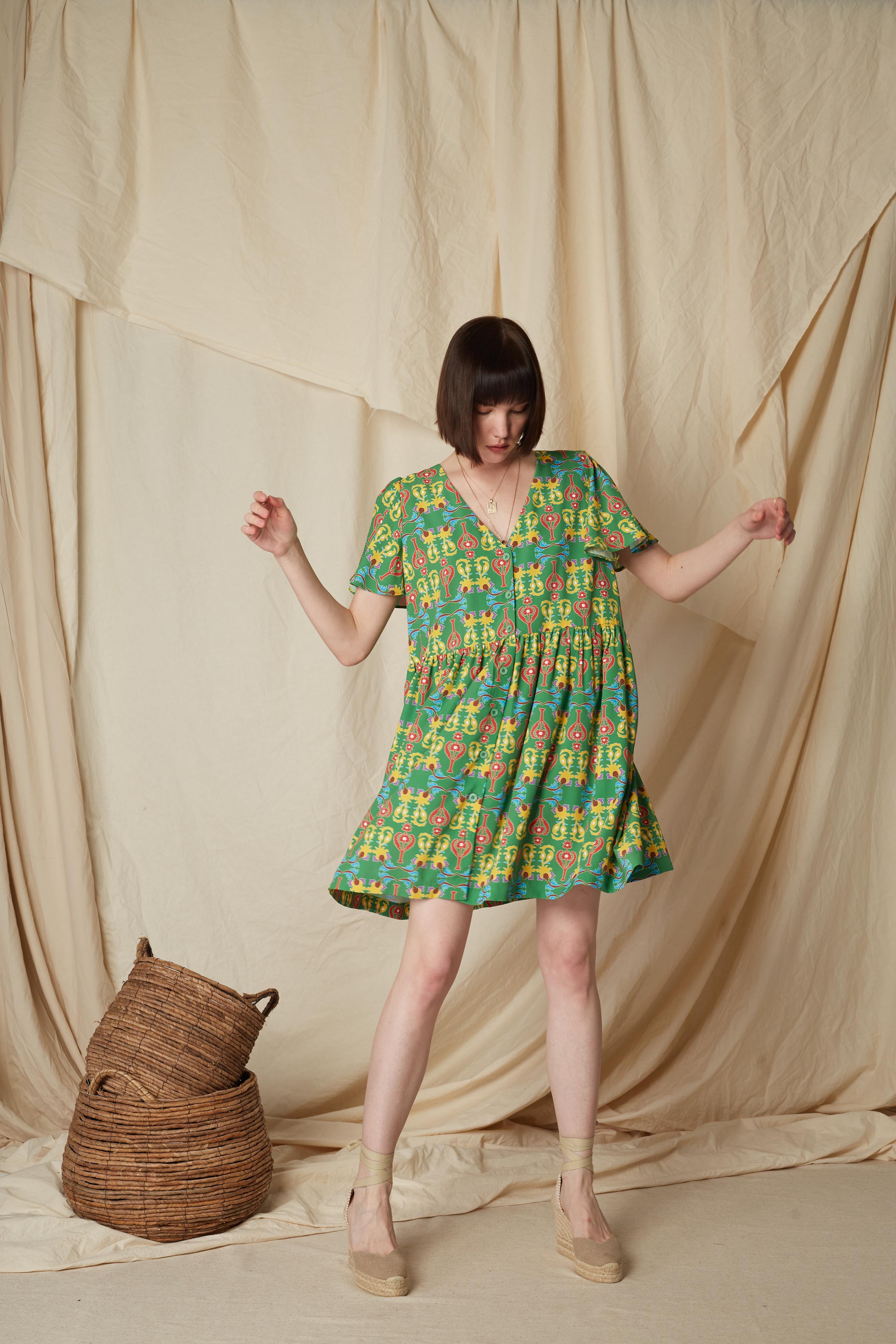 ACHEROUNES MINI DRESS (Oriental Green Print)