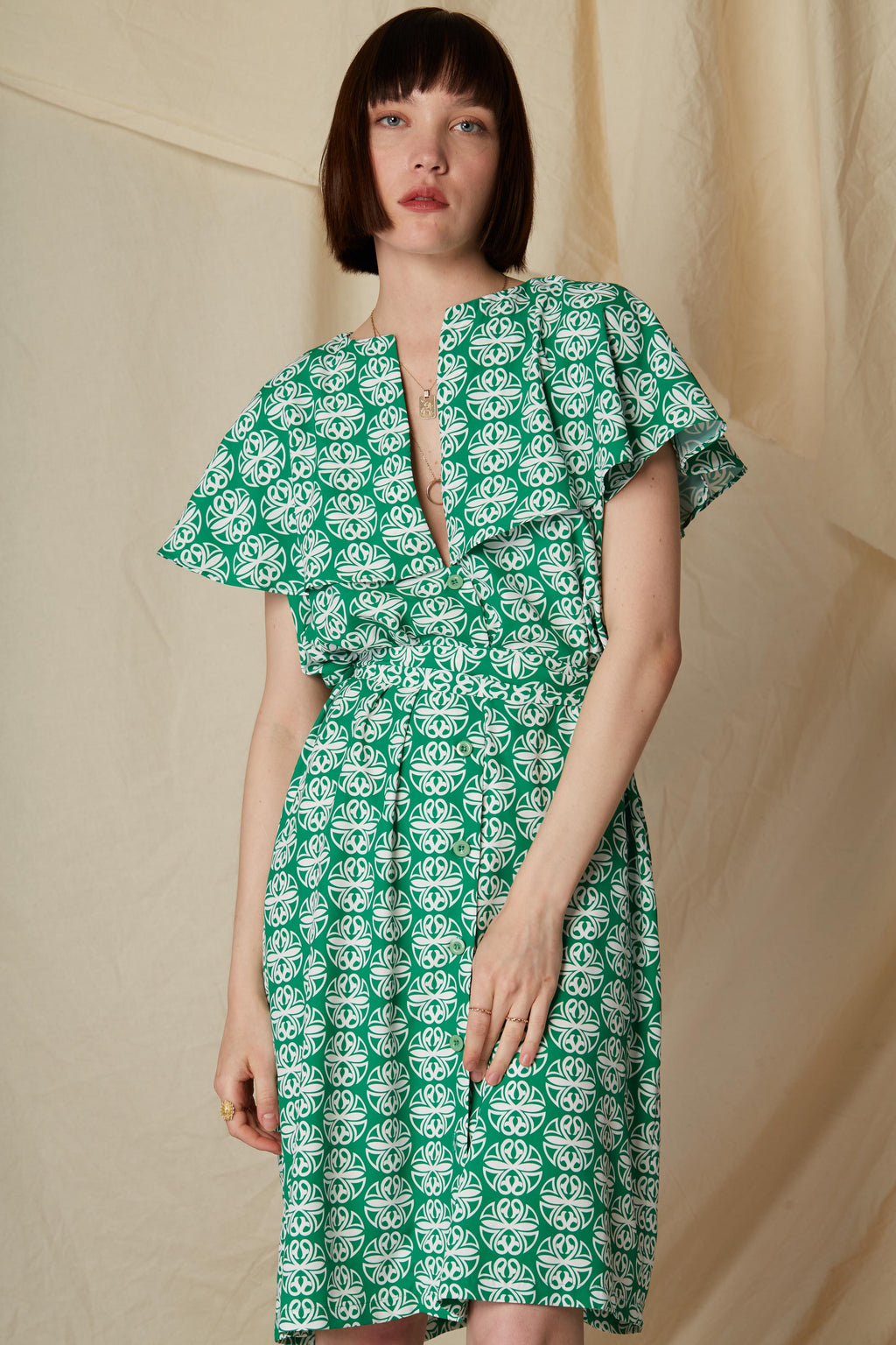 PANAGIA MINI DRESS (Round Green Print)