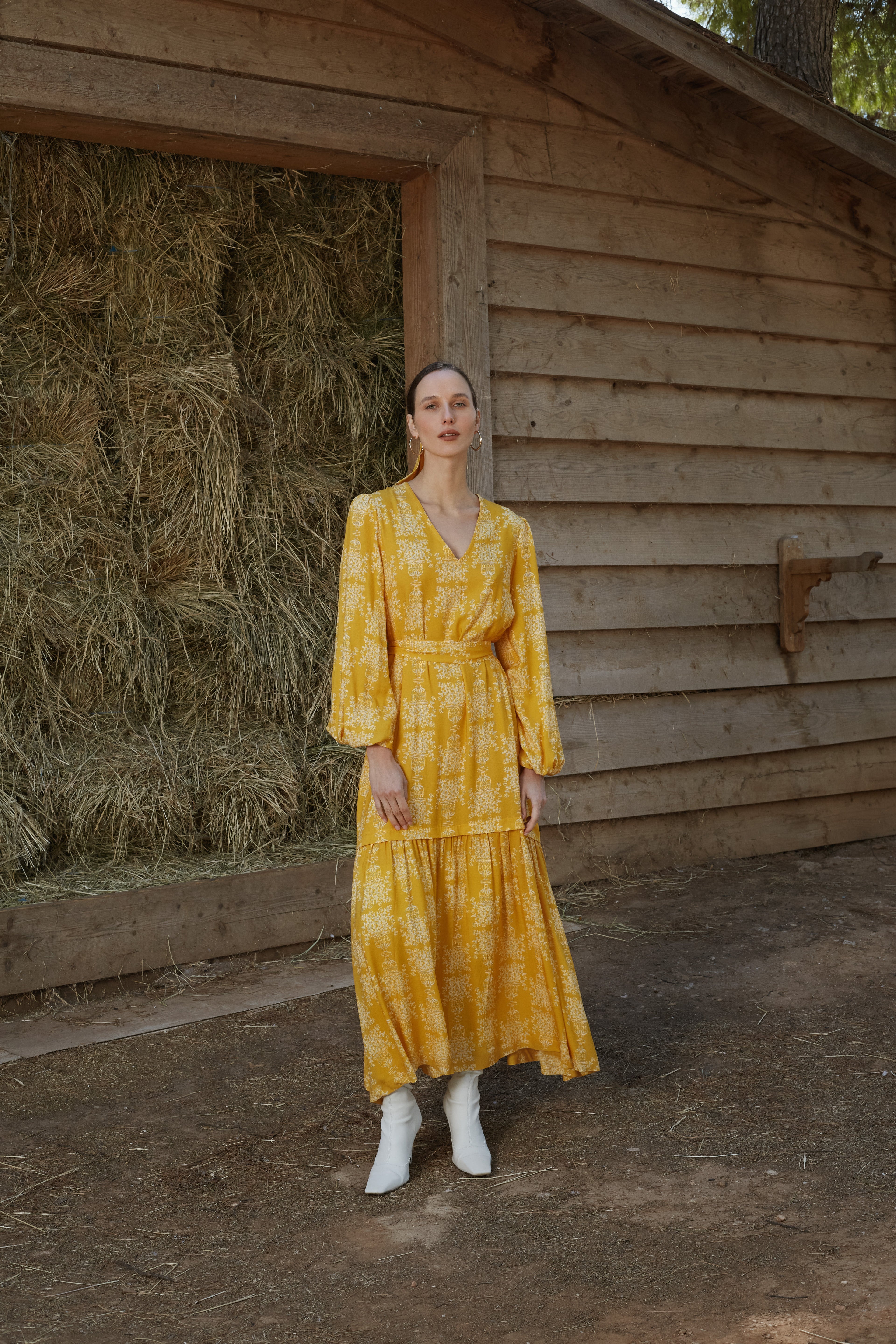 AGIASOS MAXI DRESS (Yellow Vase Print)
