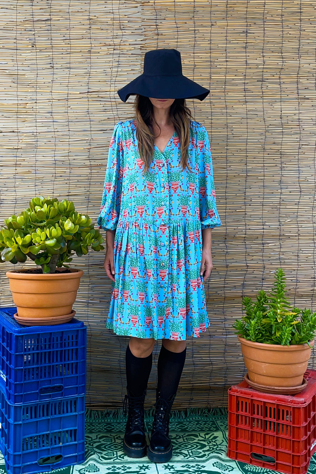 ALOSIS MINI DRESS (Birds&Vase Blue Print)