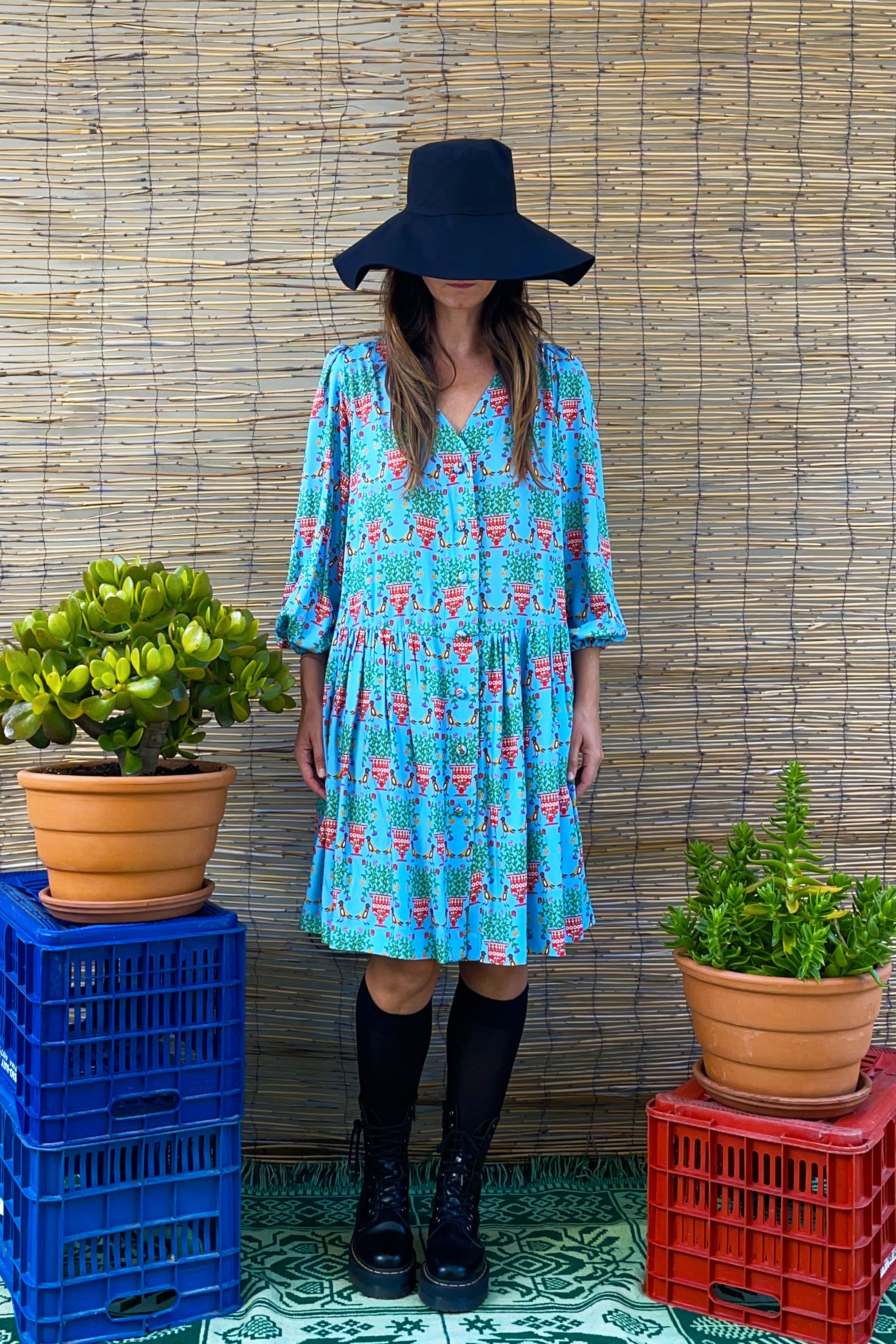 ALOSIS MINI DRESS (Birds&Vase Blue Print)