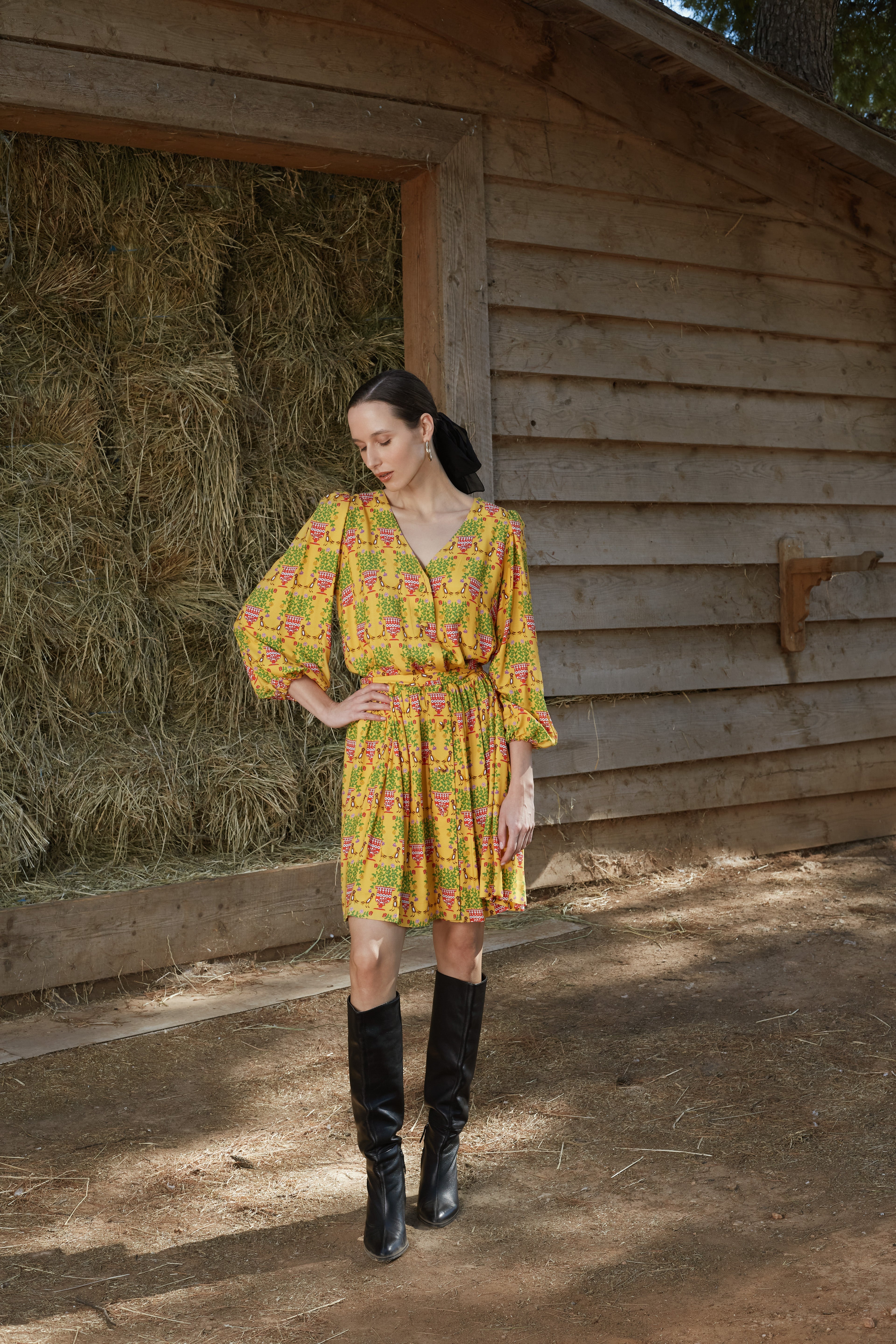 ALOSIS MINI DRESS (Birds&Vase Mustard Print)